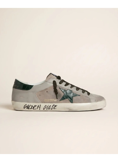 Mens Super-Star in Beige Suede with Green Croc-Print Leather Star and Heel Tab Mens Super-Star in Beige Suede with Green Croc-Print Leather Star and Heel Tab
