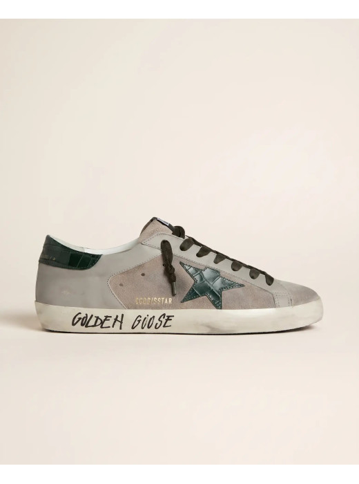 Mens Super-Star in Beige Suede with Green Croc-Print Leather Star and Heel Tab