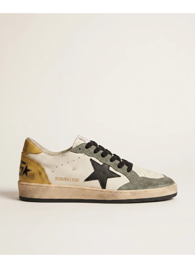 Mens Ball Star Sneakers in Black Leather With Yellow Star and Yellow Heel Tab