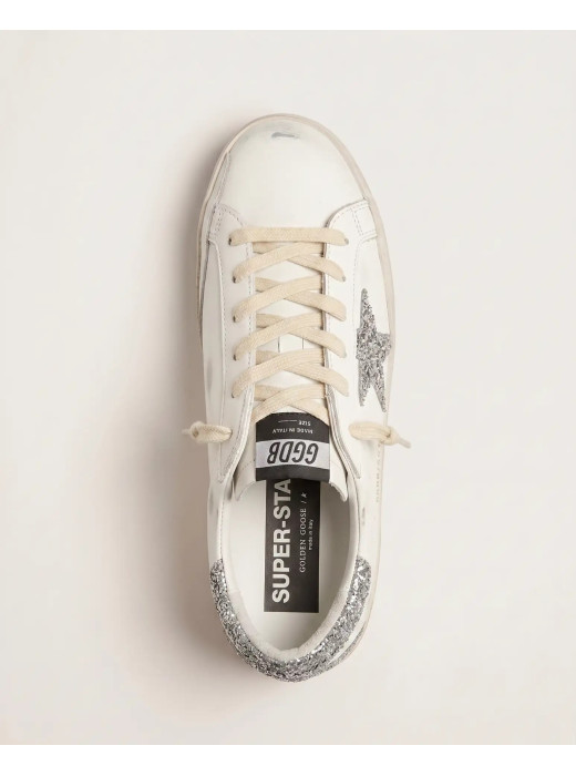 Super-Star in White Leather with Silver Glitter Star