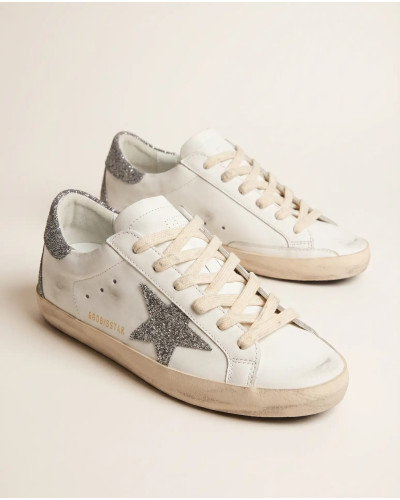 Super-Star in White Leather with Silver Glitter Star