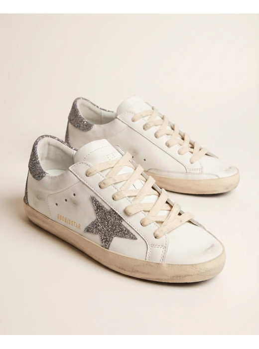 Super-Star in White Leather with Silver Glitter Star