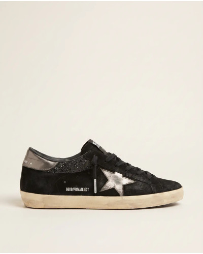 Super-Star in Black Suede with Silver Glitter Star and Grey Heel Tab