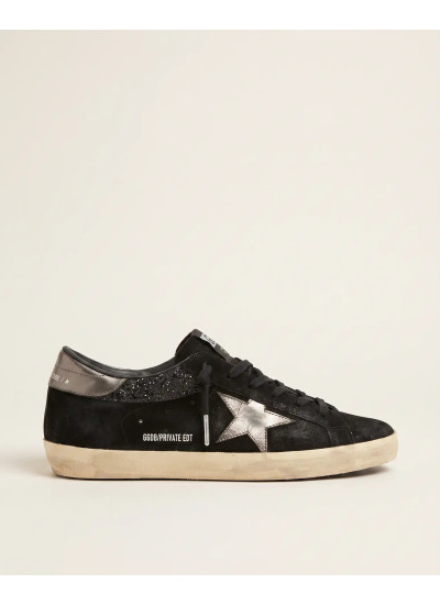 Super-Star in Black Suede with Silver Glitter Star and Grey Heel Tab Super-Star in Black Suede with Silver Glitter Star and Grey Heel Tab