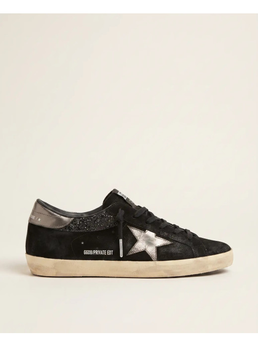 Super-Star in Black Suede with Silver Glitter Star and Grey Heel Tab