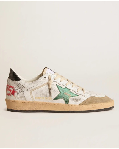 Mens Ball Star in White Leather With Green Star and Black Heel Tab