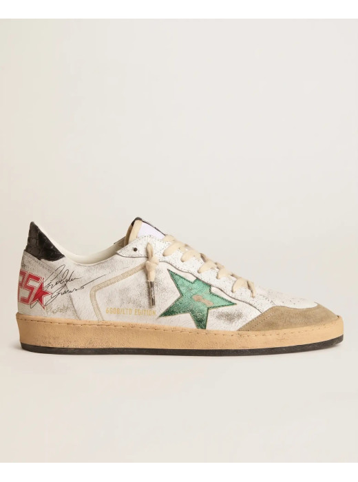 Mens Ball Star in White Leather With Green Star and Black Heel Tab