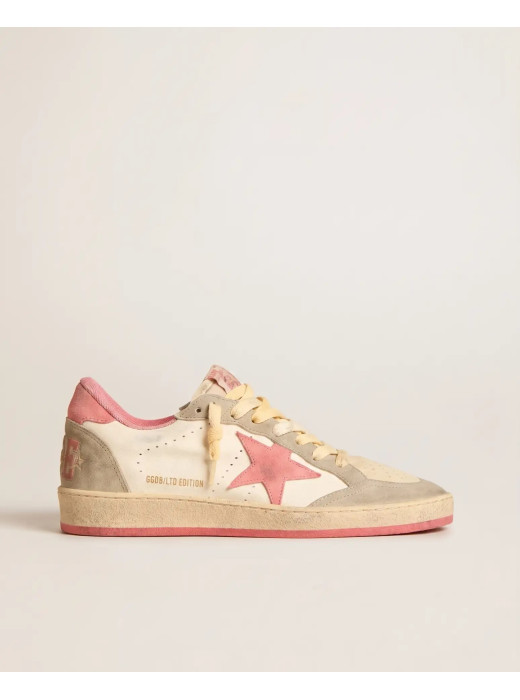 Ball Star Sneakers in White Leather With Pink Star and Pink Heel Tab