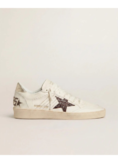 Ball Star Sneakers in White Leather With Crocodile-Effect Star and Gold Heel Tab