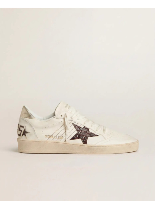 Ball Star Sneakers in White Leather With Crocodile-Effect Star and Gold Heel Tab