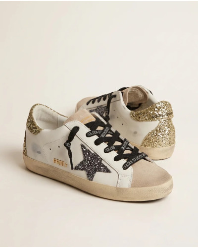 Super-Star in Black Leather With Black Star and Gold Heel Tab
