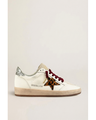 Ball Star in White Leather with Leopard Star and Glitter Heel Tab