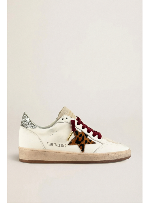 Ball Star in White Leather with Leopard Star and Glitter Heel Tab