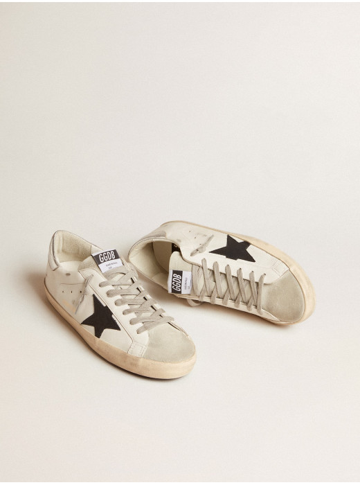 Men's Super-Star in white leather with black nubuck star and silver metallic leather heel tab