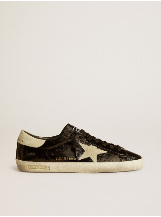 Men's Super-Star LTD in black patent leather with suede star and heel tab