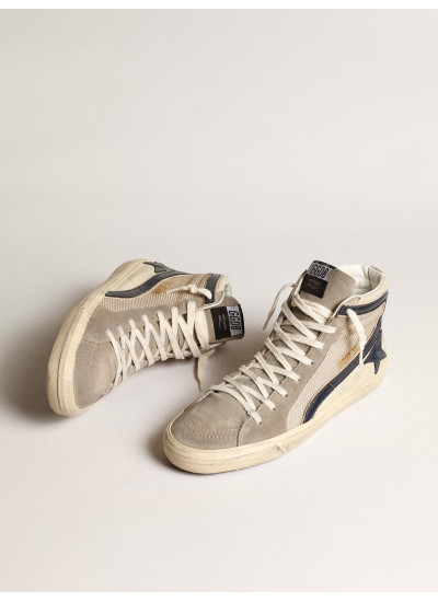 Slide in beige mesh and nylon with blue leather star and flash