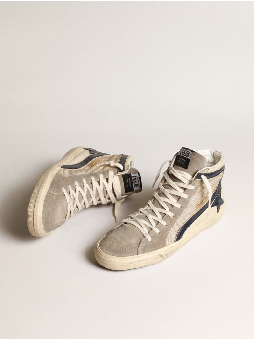 Slide in beige mesh and nylon with blue leather star and flash