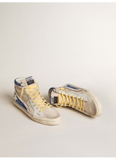 Slide in pearl canvas and blue suede with white leather star and flash