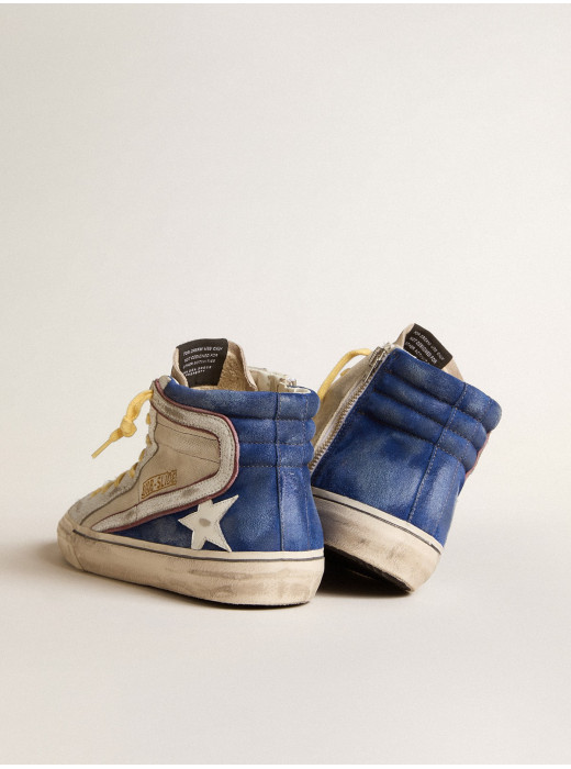 Slide in pearl canvas and blue suede with white leather star and flash