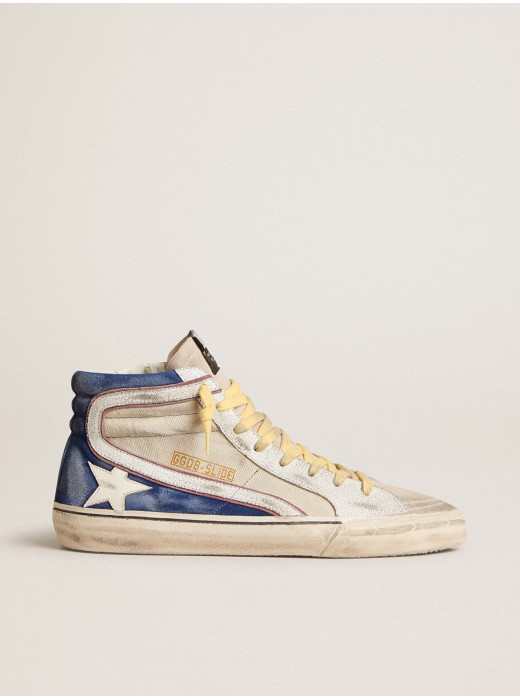 Slide in pearl canvas and blue suede with white leather star and flash