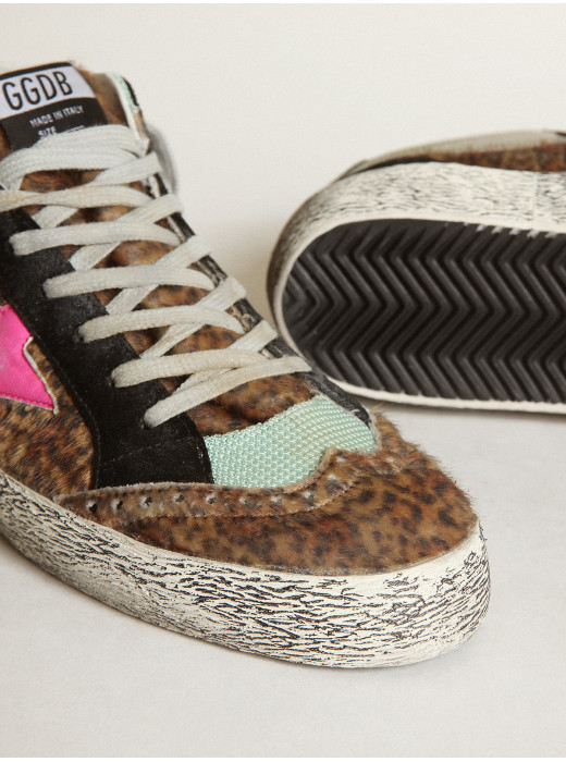 Mid Star in leopard-print pony skin with fuchsia leather star