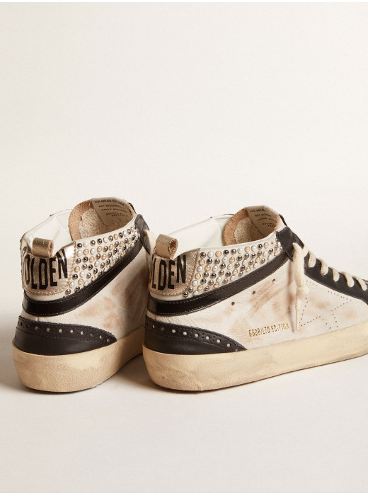 Men’s Mid Star LTD in black and white leather with pearls and perforated star