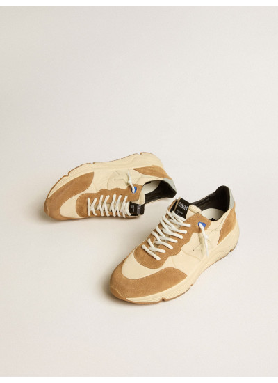 Men's Running Sole in ivory nylon and tobacco suede