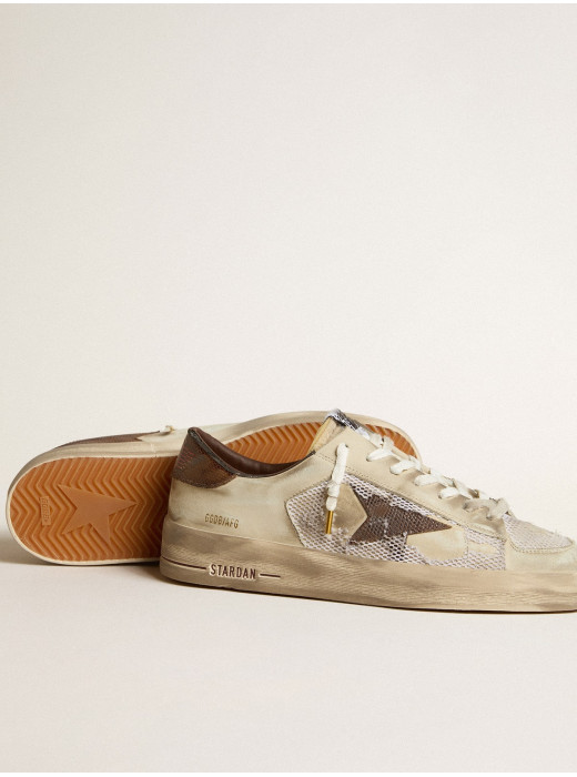 Stardan in nubuck and mesh with brown lizard-print leather star