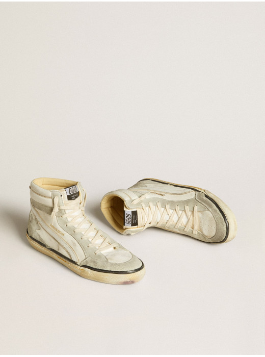 Slide LAB in aged-white nappa leather with gray suede star and white leather flash