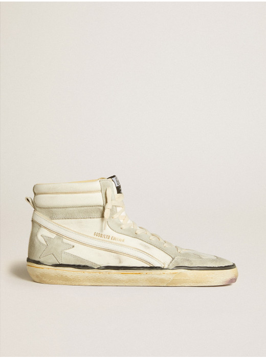 Slide LAB in aged-white nappa leather with gray suede star and white leather flash