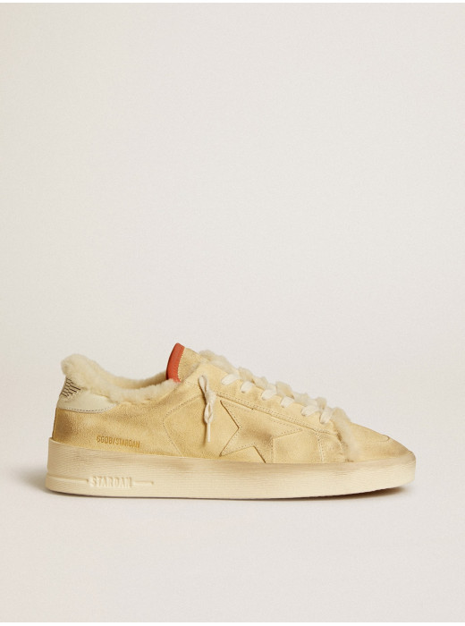 Stardan in beige suede with leather heel tab and shearling lining