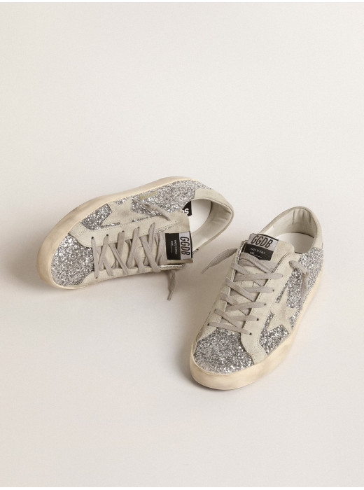 Women's Super-Star in silver glitter with ice-gray suede star