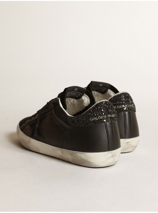 Women's Super-Star in black nappa with black star and glitter heel tab