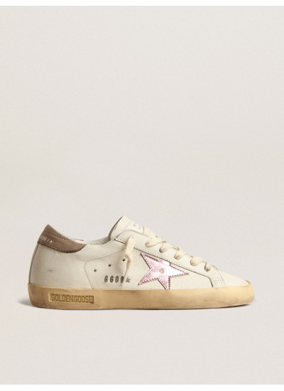 Women's Super-Star in white nappa with pink metallic leather star