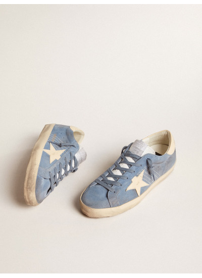 Super-Star in light blue suede with beige leather star and heel tab