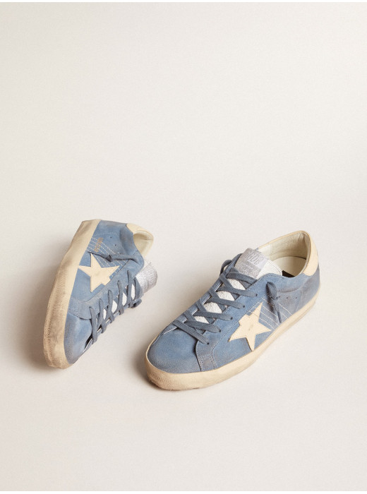 Super-Star in light blue suede with beige leather star and heel tab