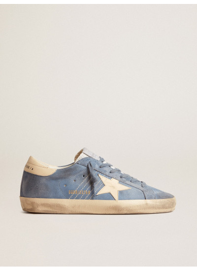 Super-Star in light blue suede with beige leather star and heel tab