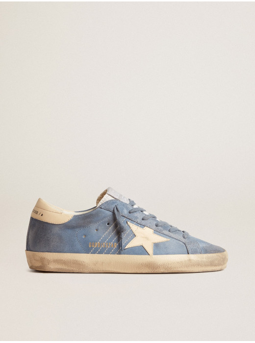 Super-Star in light blue suede with beige leather star and heel tab