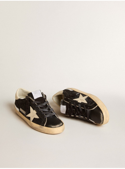 Women's Super-Star in black glitter and nappa with cream leather star and heel tab