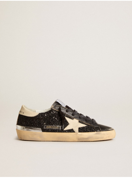 Women's Super-Star in black glitter and nappa with cream leather star and heel tab