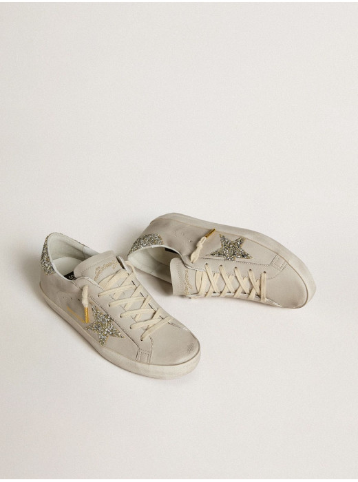 Women's Super-Star LTD in ivory nappa leather with platinum glitter star and heel tab