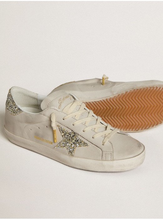 Women's Super-Star LTD in ivory nappa leather with platinum glitter star and heel tab