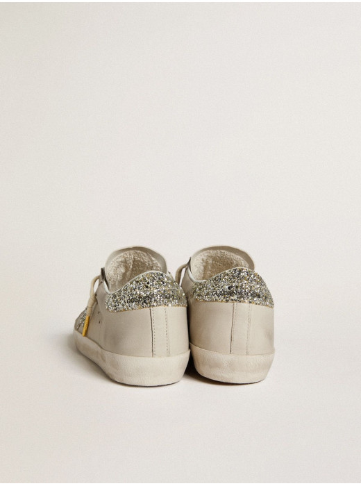 Women's Super-Star LTD in ivory nappa leather with platinum glitter star and heel tab