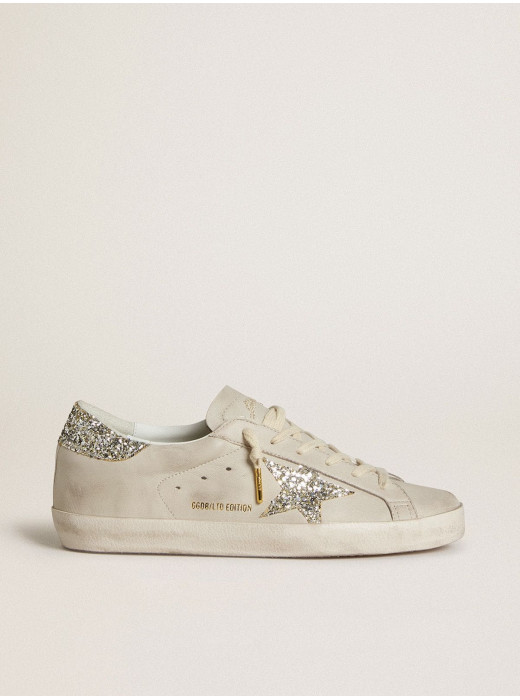 Women's Super-Star LTD in ivory nappa leather with platinum glitter star and heel tab