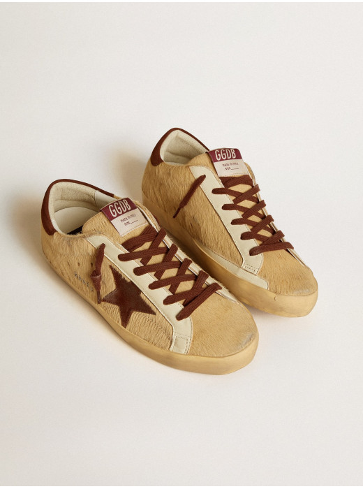 Women’s Super-Star in beige pony skin with brown suede star and heel tab