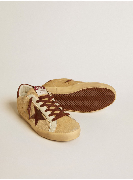 Women’s Super-Star in beige pony skin with brown suede star and heel tab