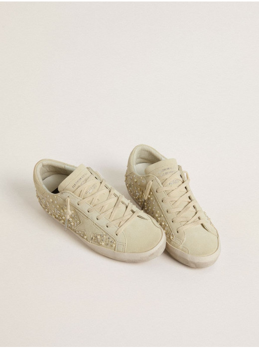 Women’s Super-Star in beige suede with pearls and Swarovski crystals