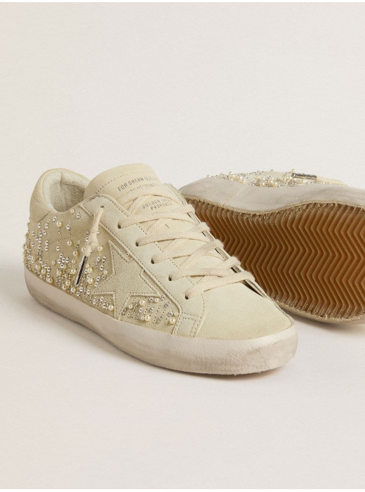 Women’s Super-Star in beige suede with pearls and Swarovski crystals