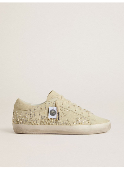 Women’s Super-Star in beige suede with pearls and Swarovski crystals