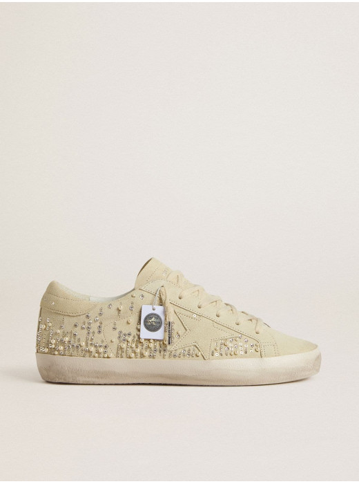 Women’s Super-Star in beige suede with pearls and Swarovski crystals